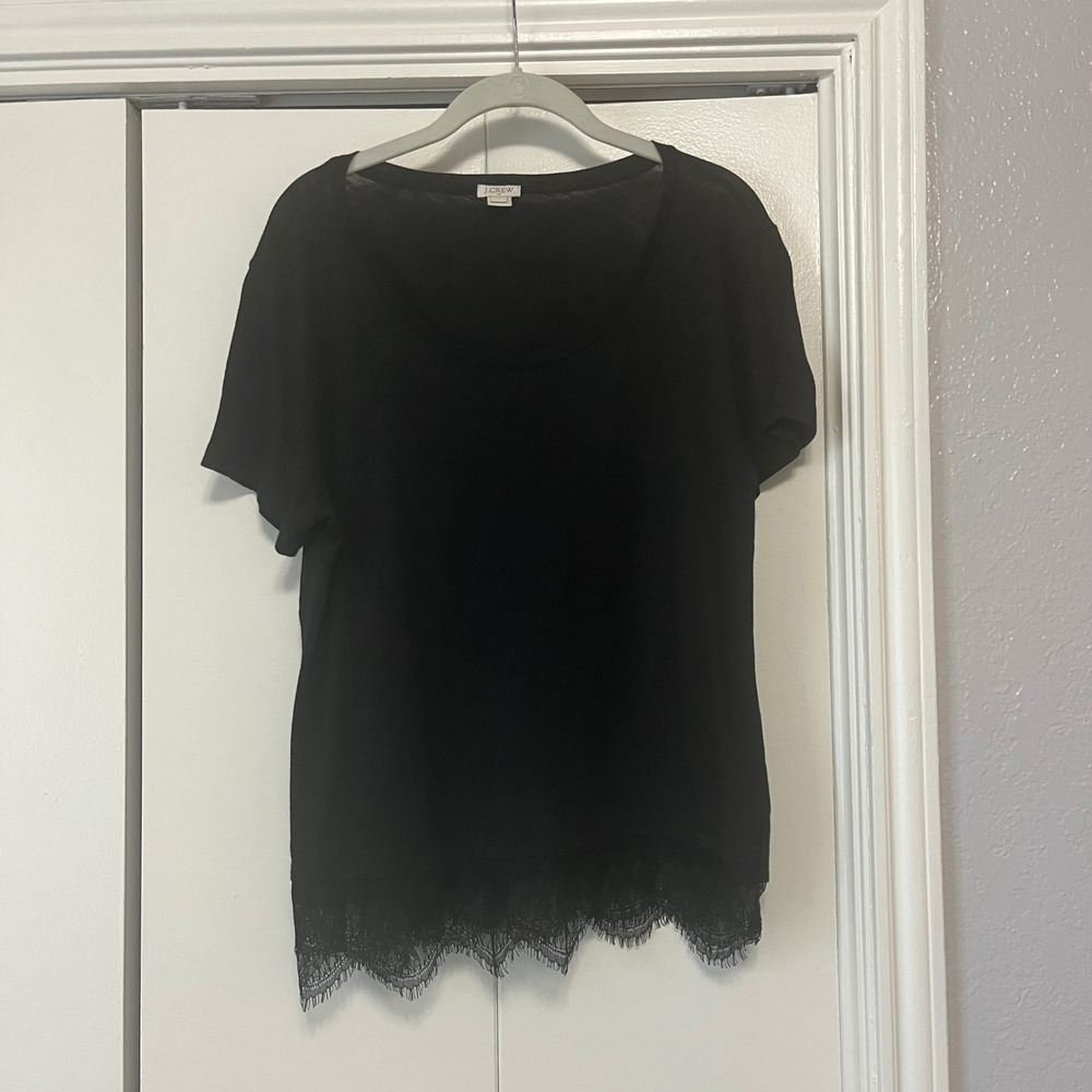 J. Crew Black Lace Trim Blouse Short‎ Sleeve Casual Top Size L